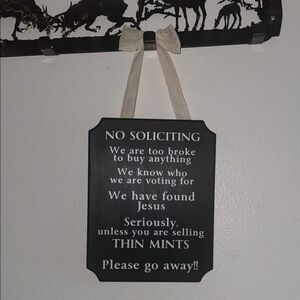 No Soliciting Hanging Sign - Solid Thick Wood Board with white bow - comical